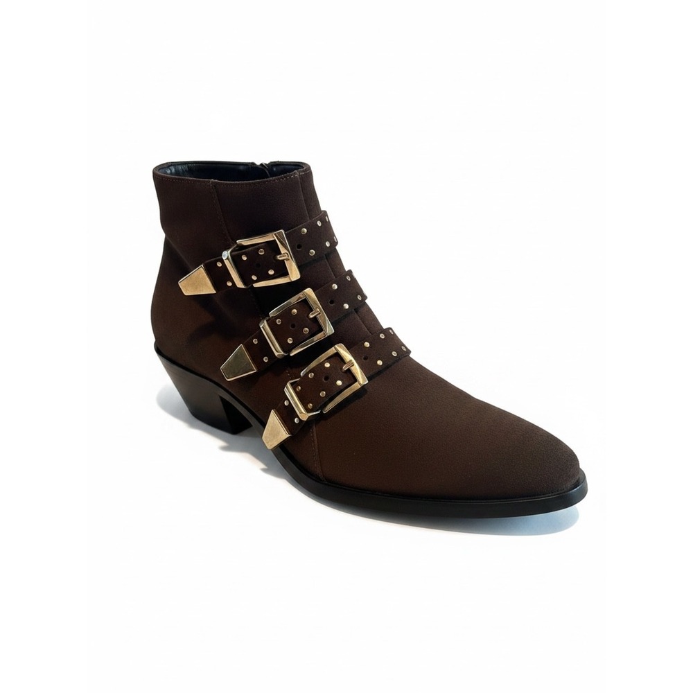 Russell & Bromley Ankle Boots 40 Brown Suede Multi-Buckle Studded Western Chic